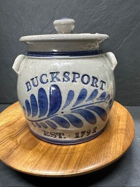 Bucksport Blue and Cream Stoneware Jar with Lid salt glaze pottery.
